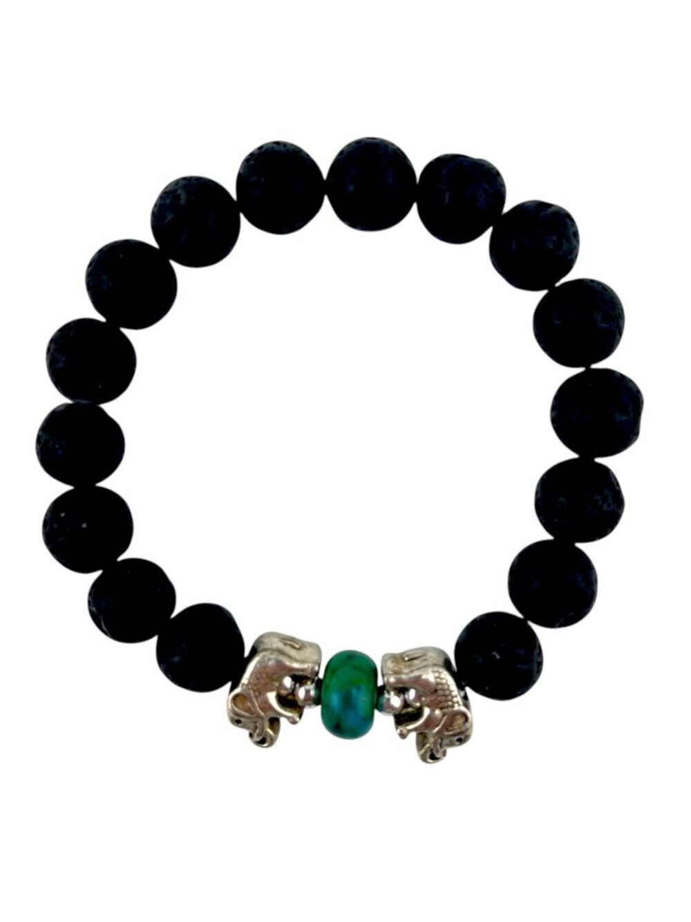 Vintage Elephant Lava Stone Aromatherapy Bracelet Black Beaded Stretch 7.5"